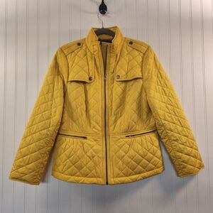 Talbots Women's Quilted Mustard Yellow Blazer Jacket Size L Petite Zip Up Lined